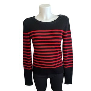 Frame Button Shoulder Stripe‎ Red Black Merino Wool Thick Knit Sweater small